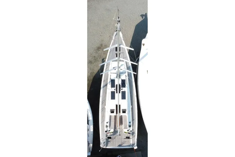 Abide Yacht Photos Pics Overhead view of 2018 X-Yachts X4.9 sailboat docked, showcasing deck layout.