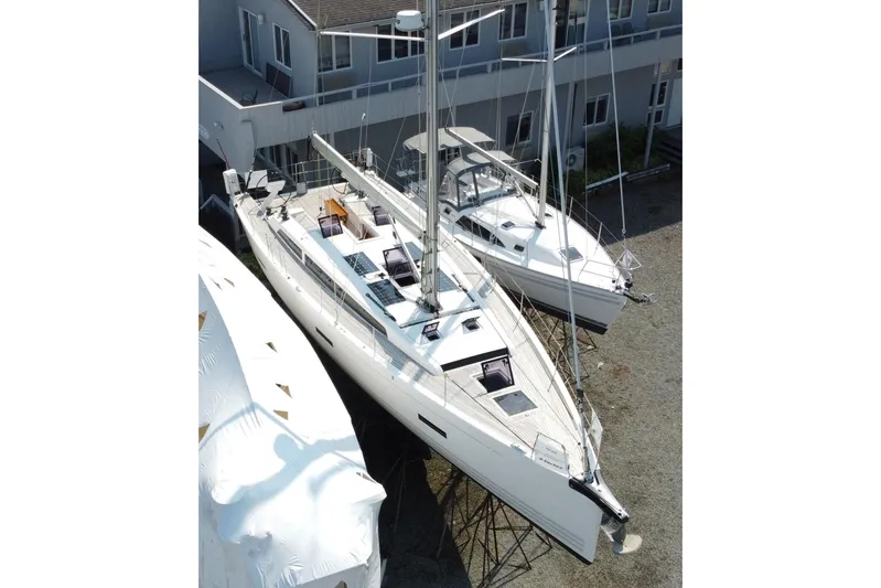 Abide Yacht Photos Pics 2018 X-Yachts X4.9 sailboat on land, aerial view, near buildings.
