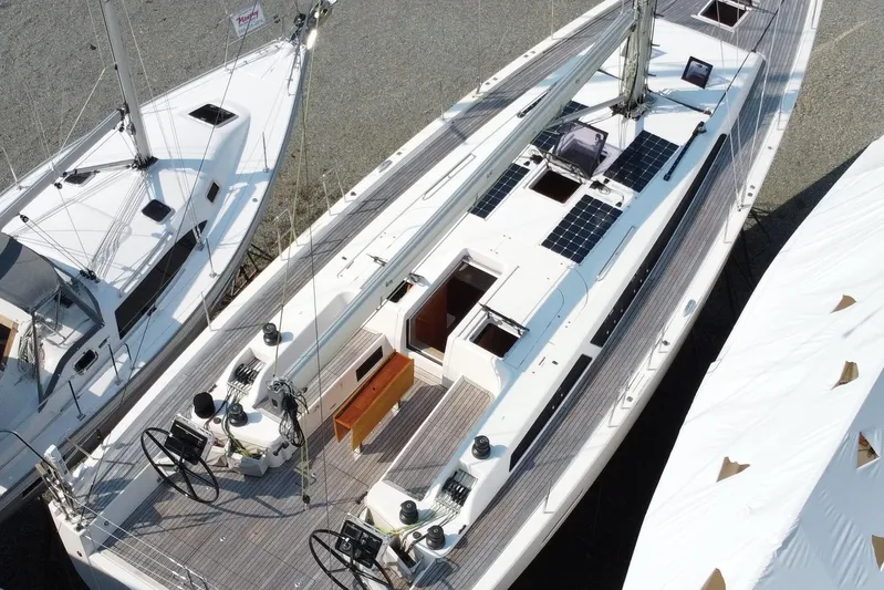 Abide Yacht Photos Pics 2018 X-Yachts X4.9 sailboat docked, aerial view showcasing deck and solar panels.