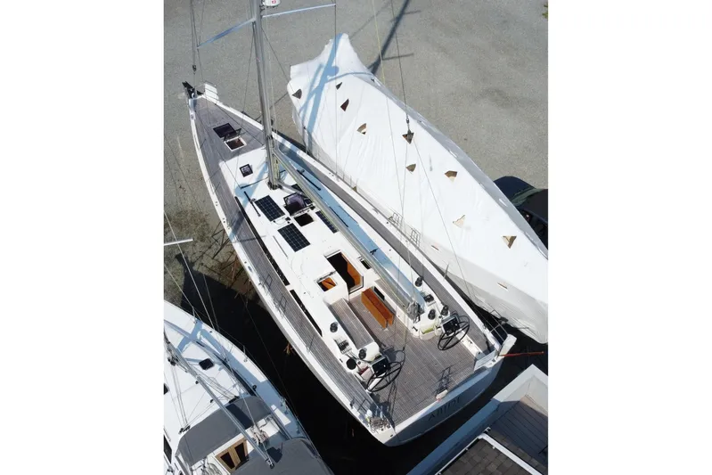 Abide Yacht Photos Pics 2018 X-Yachts X4.9 sailboat, aerial view, docked with covered sail.