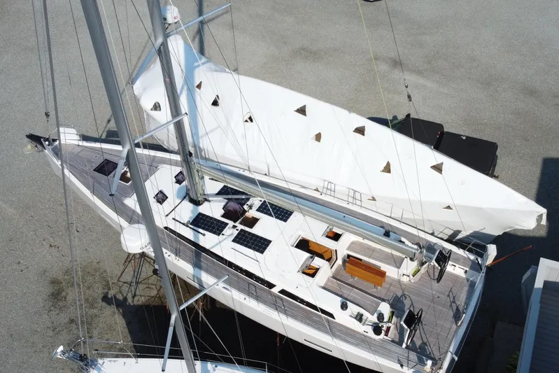 Abide Yacht Photos Pics Aerial view of 2018 X-Yachts X4.9 sailboat with covered sails and deck.