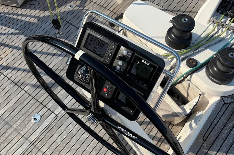 Abide Yacht Photos Pics Steering wheel and navigation instruments on 2018 X-Yachts X4.9 sailboat deck.