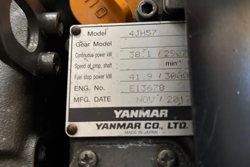 Abide Yacht Photos Pics Yanmar engine label on 2018 X-Yachts X4.9, showing model 4JH57 specifications.