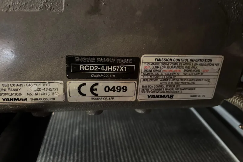 Abide Yacht Photos Pics Yanmar engine label on 2018 X-Yachts X4.9, showing emission control information and compliance details.