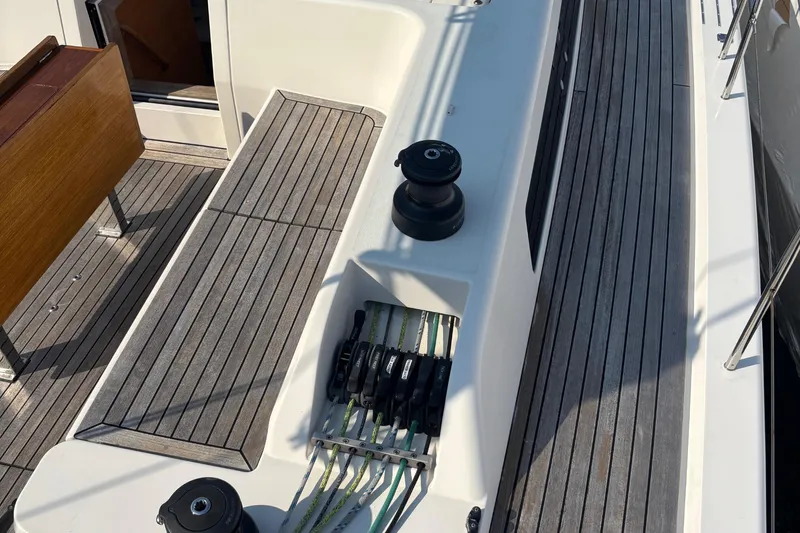 Abide Yacht Photos Pics 2018 X-Yachts X4.9 deck with winches and teak flooring.