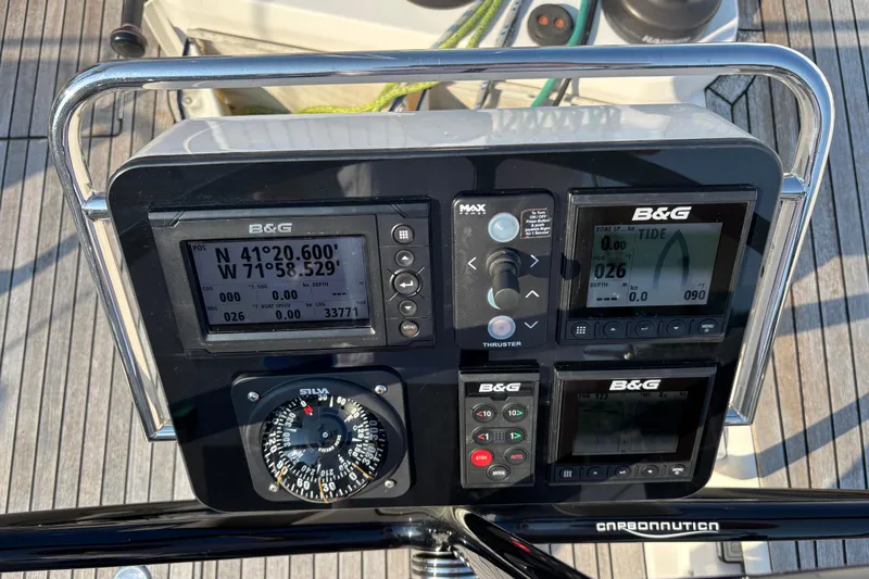 Abide Yacht Photos Pics Navigation instruments on a 2018 X-Yachts X4.9 sailboat, featuring B&G displays and a compass.