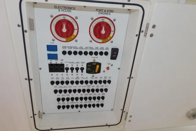  Yacht Photos Pics Electrical control panel on a 2019 Pursuit OS 325 Offshore boat.