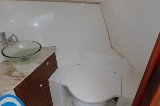  Yacht Photos Pics 2019 Pursuit OS 325 Offshore bathroom with glass sink and compact toilet.