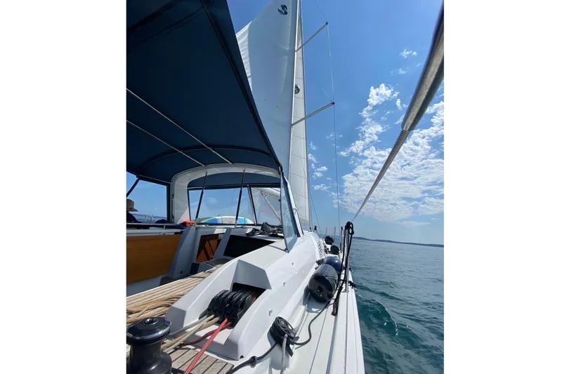Run For The Roses Yacht Photos Pics 2019 Beneteau Oceanis 46.1 sailing on a sunny day with clear skies.