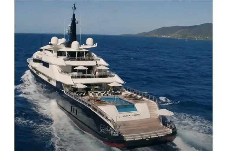 Alfa Nero Yacht Photos Pics Luxurious 2007 Oceanco 269' yacht cruising in open sea with pool and sun deck.