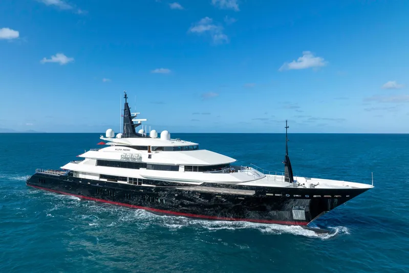 Alfa Nero Yacht Photos Pics Luxurious 2007 Oceanco 269' yacht cruising on open sea under clear blue sky.