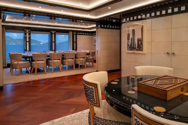Alfa Nero Yacht Photos Pics Luxurious dining area on 2007 Oceanco 269' yacht with elegant decor and ocean views.