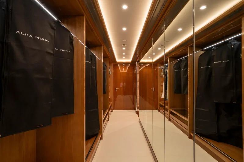 Alfa Nero Yacht Photos Pics Luxurious yacht closet with mirrored doors and elegant lighting, Oceanco 269', 2007 model.