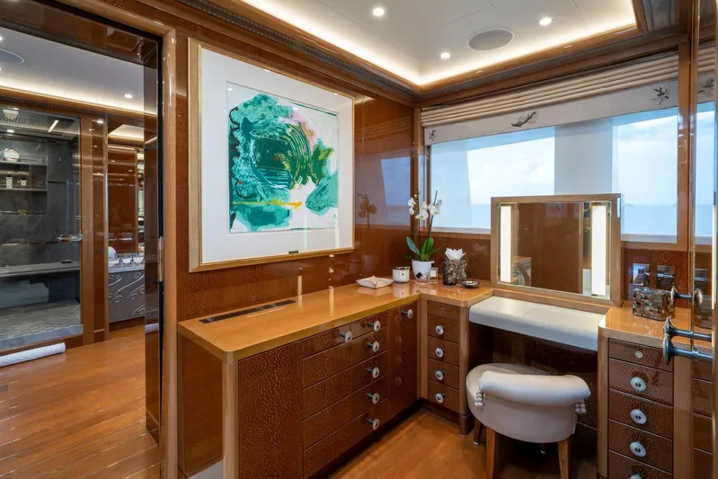 Alfa Nero Yacht Photos Pics Luxurious yacht interior with elegant vanity, artwork, and ocean view, Oceanco 269', 2007 model.