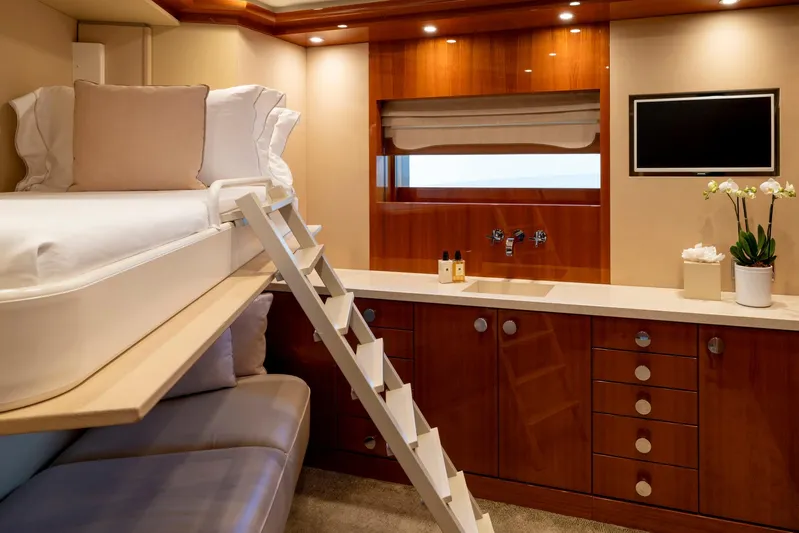 Alfa Nero Yacht Photos Pics Luxurious yacht cabin interior with bunk bed, wooden cabinetry, and modern amenities, Oceanco 269', 2007.