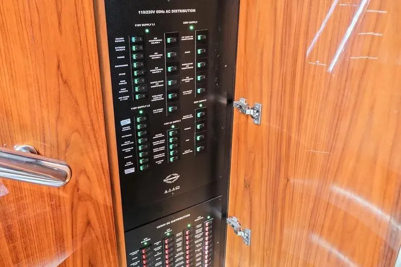  Yacht Photos Pics Electrical panel on a 2017 Sunseeker 68 Sport Yacht, featuring AC distribution controls.