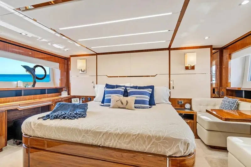  Yacht Photos Pics Luxurious 2017 Sunseeker 68 Sport Yacht bedroom with elegant decor and ocean view.
