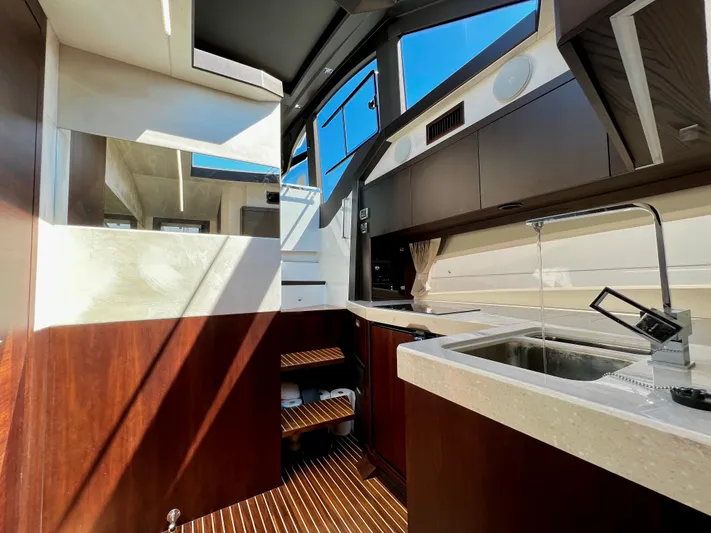 Yacht Photos Pics Interior of Galeon 425 HTS yacht, modern kitchen, 2021 model.