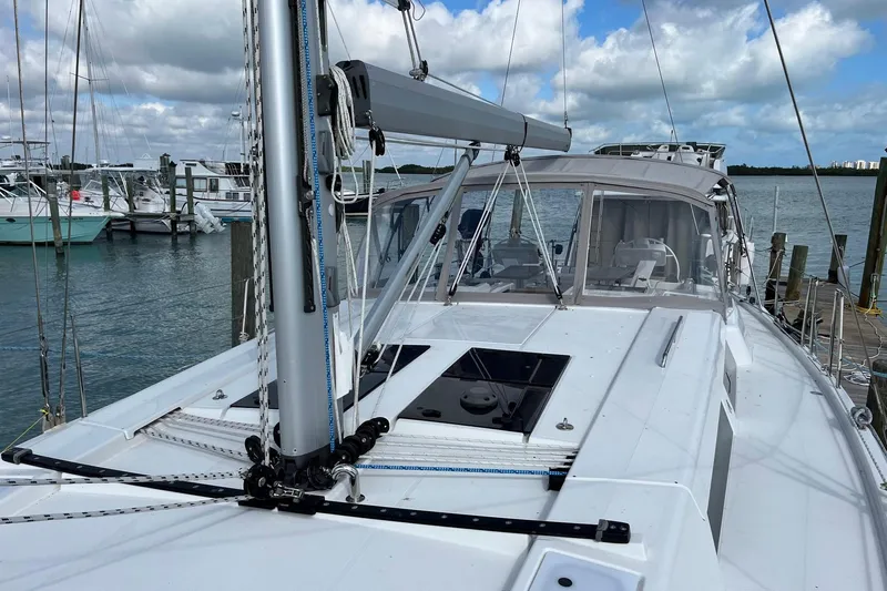 Eto Mio Yacht Photos Pics 2021 Hanse 508 yacht docked at marina under cloudy sky.