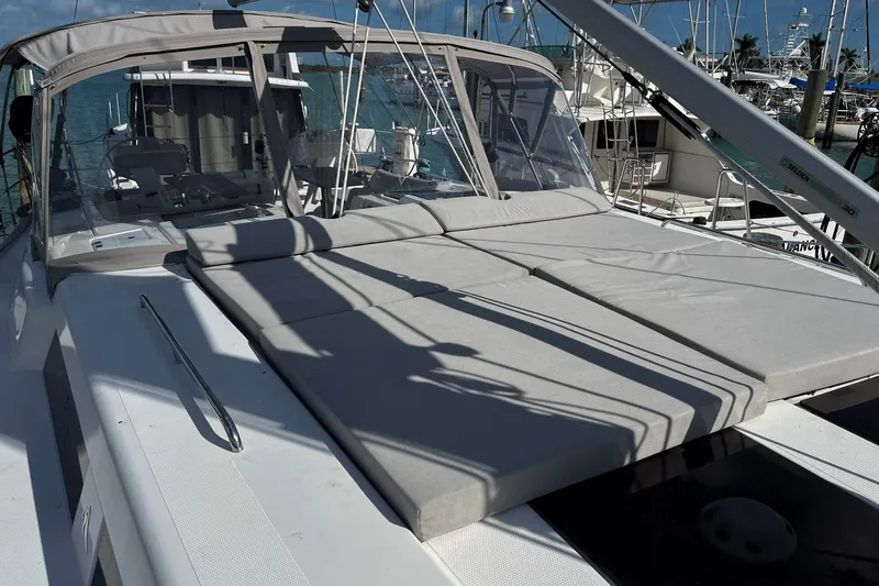 Eto Mio Yacht Photos Pics 2021 Hanse 508 yacht with sunbathing deck, docked at marina.