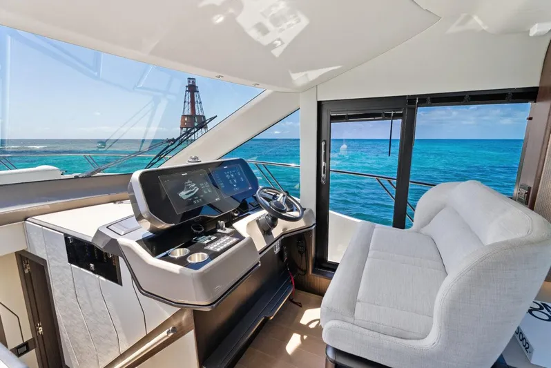 Dad Bod Yacht Photos Pics Luxurious interior of 2024 Galeon 560 Fly yacht with ocean view.