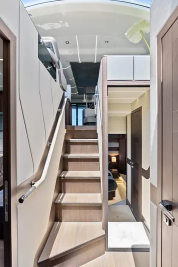 Dad Bod Yacht Photos Pics Interior of 2024 Galeon 560 Fly yacht, featuring modern staircase and sleek design.