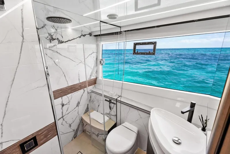 Dad Bod Yacht Photos Pics Luxurious bathroom on 2024 Galeon 560 Fly yacht with ocean view.