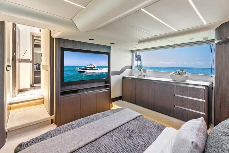 Dad Bod Yacht Photos Pics Luxurious interior of 2024 Galeon 560 Fly yacht with ocean view and modern amenities.