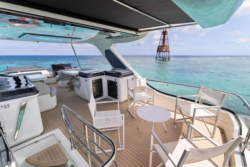 Dad Bod Yacht Photos Pics Luxurious 2024 Galeon 560 Fly yacht deck with ocean view and seating area.