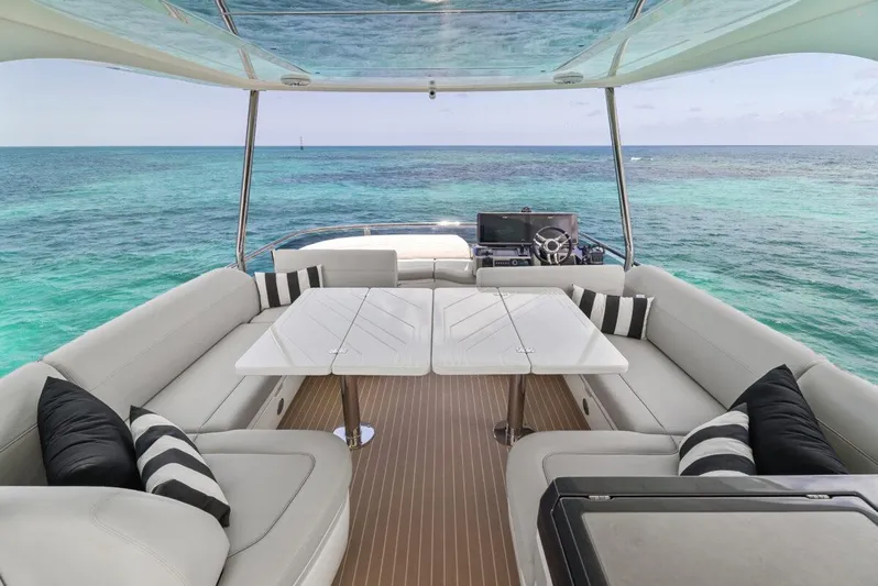 Dad Bod Yacht Photos Pics Luxurious 2024 Galeon 560 Fly yacht interior with ocean view and elegant seating.