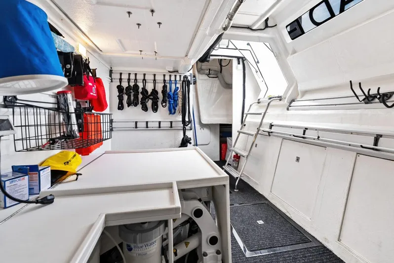 Dad Bod Yacht Photos Pics 2024 Galeon 560 Fly yacht interior with organized storage and equipment.