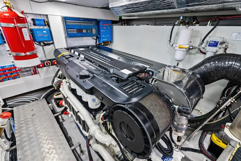 Dad Bod Yacht Photos Pics Engine room of 2024 Galeon 560 Fly yacht, featuring advanced machinery and equipment.