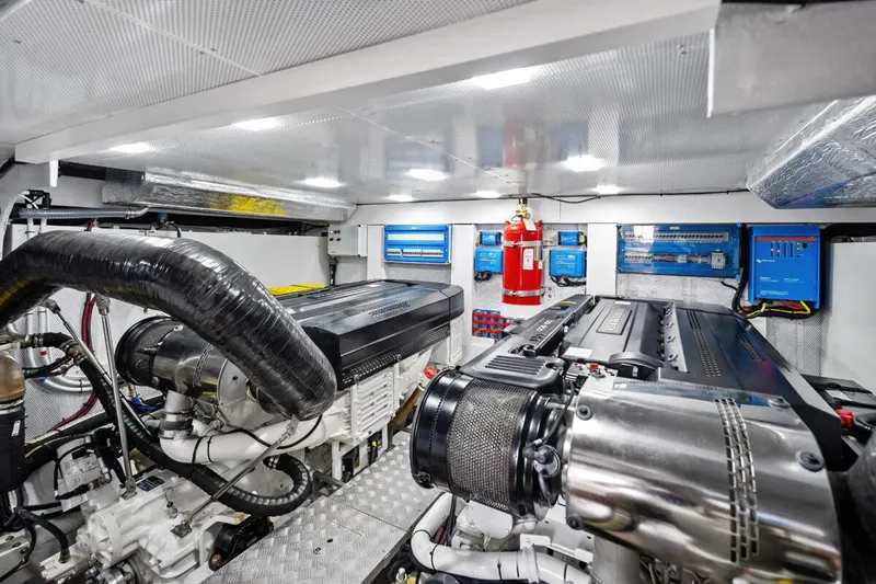 Dad Bod Yacht Photos Pics Engine room of 2024 Galeon 560 Fly yacht, featuring advanced machinery and equipment.