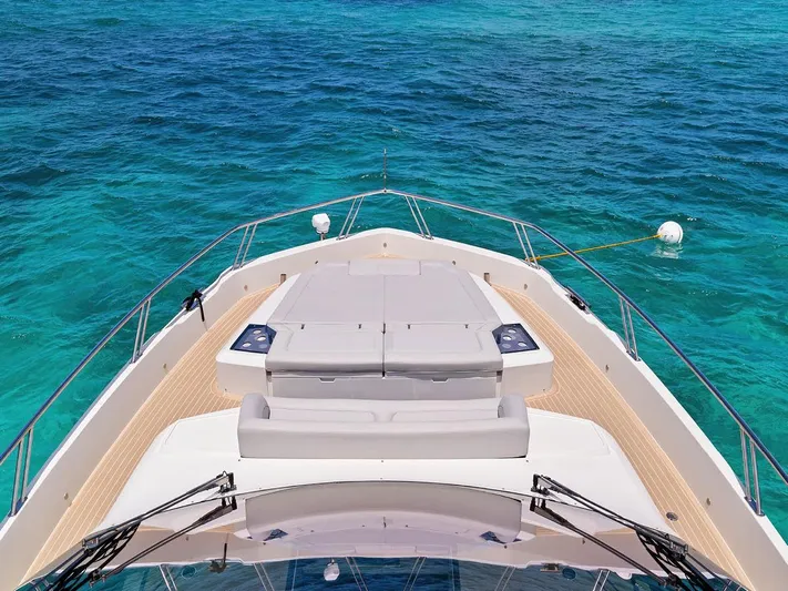 Dad Bod Yacht Photos Pics 2024 Galeon 560 Fly yacht deck overlooking clear blue ocean waters.