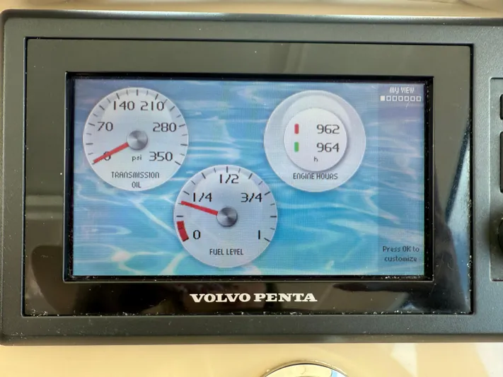  Yacht Photos Pics Volvo Penta display showing transmission oil, fuel level, and engine hours on Tiara Yachts 4500 Sovran.