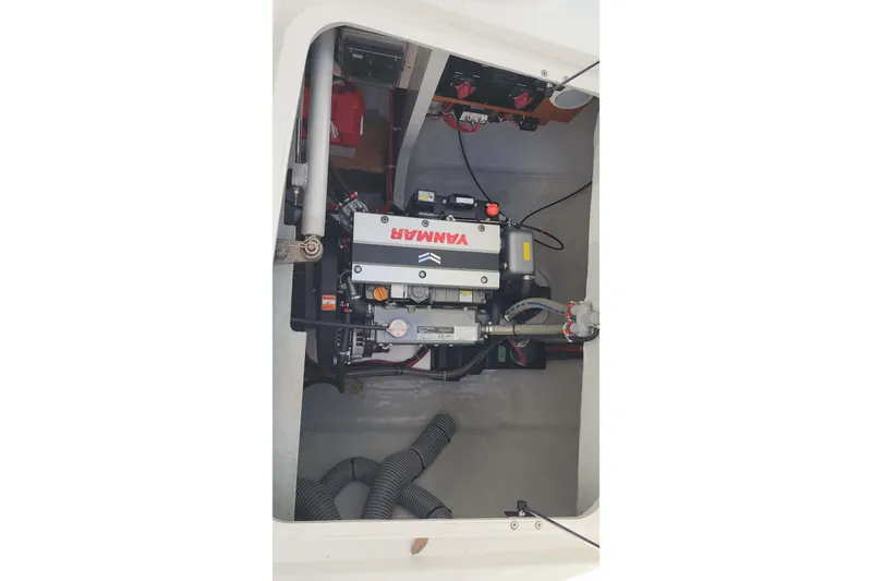  Yacht Photos Pics Engine compartment of a 2020 Lagoon 42 catamaran featuring a Yanmar engine.