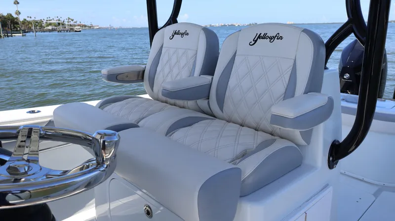  Yacht Photos Pics 2022 Yellowfin 32 Offshore boat seats with ocean view in background.