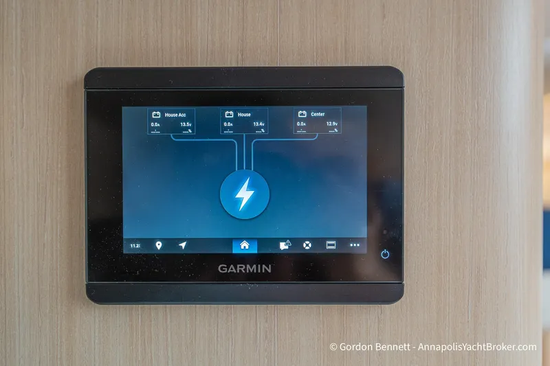 Qss Century Yacht Photos Pics Garmin control panel on 2024 Regal 36 XO yacht, displaying battery status.