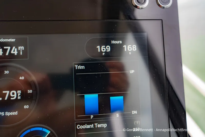 Qss Century Yacht Photos Pics Dashboard display of 2024 Regal 36 XO boat showing speed, trim, and engine hours.