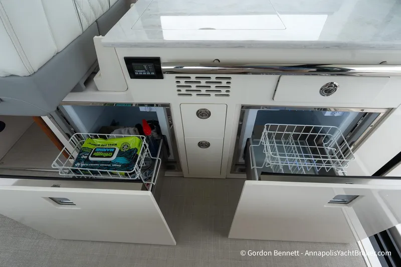 Qss Century Yacht Photos Pics 2024 Regal 36 XO yacht interior with open storage compartments and modern design.