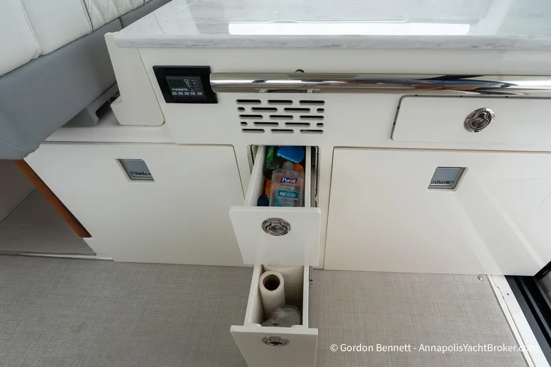 Qss Century Yacht Photos Pics 2024 Regal 36 XO yacht interior with storage drawers and sleek cabinetry.