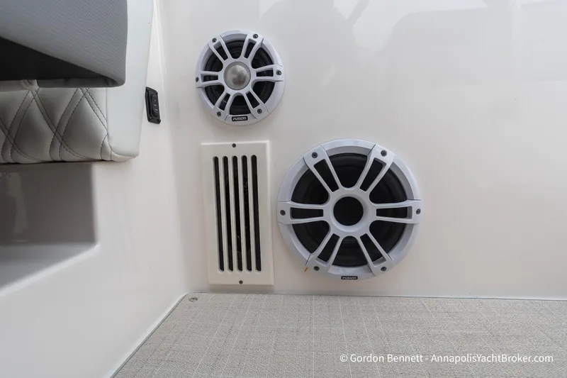 Qss Century Yacht Photos Pics 2024 Regal 36 XO boat interior with Fusion speakers and cushioned seating.