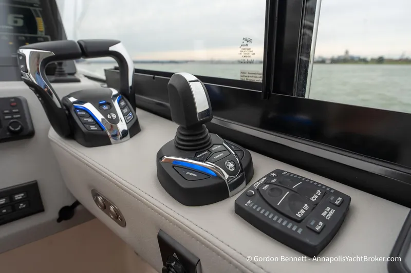 Qss Century Yacht Photos Pics 2024 Regal 36 XO yacht control panel with joystick and throttle levers.