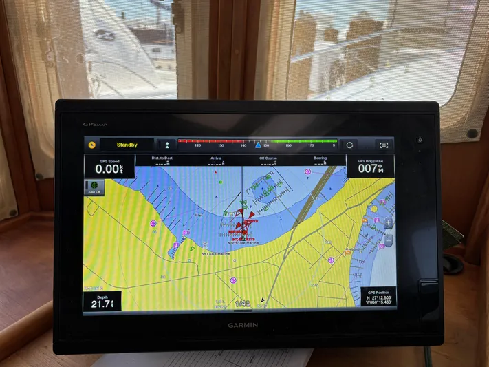 Diesel Duck Yacht Photos Pics Garmin GPS display on 1999 Diesel Duck Trawler, showing nautical navigation map.