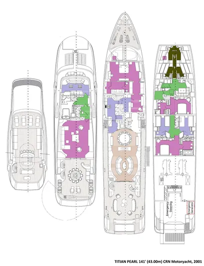 Titian Pearl Yacht Photos Pics Deck plans of the 2001 CRN Magnifica 43 yacht, showcasing detailed layout and design.