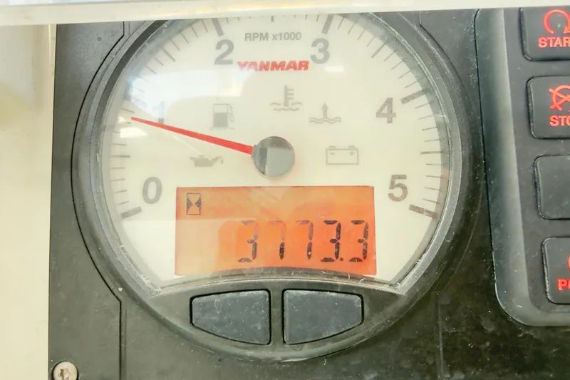 Carpediem 2 Yacht Photos Pics Close-up of a Yanmar RPM gauge on a 2019 Lagoon 450 boat.