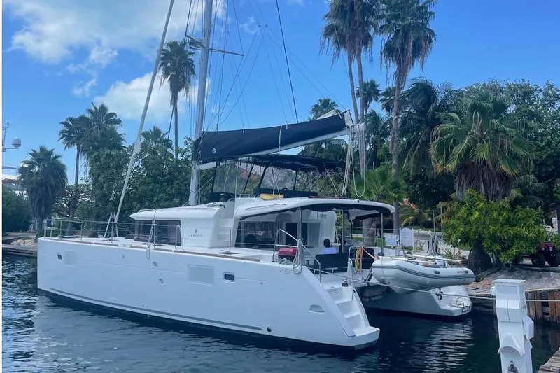 Carpediem 2 Yacht Photos Pics 2019 Lagoon 450 catamaran docked by palm trees under a clear blue sky.