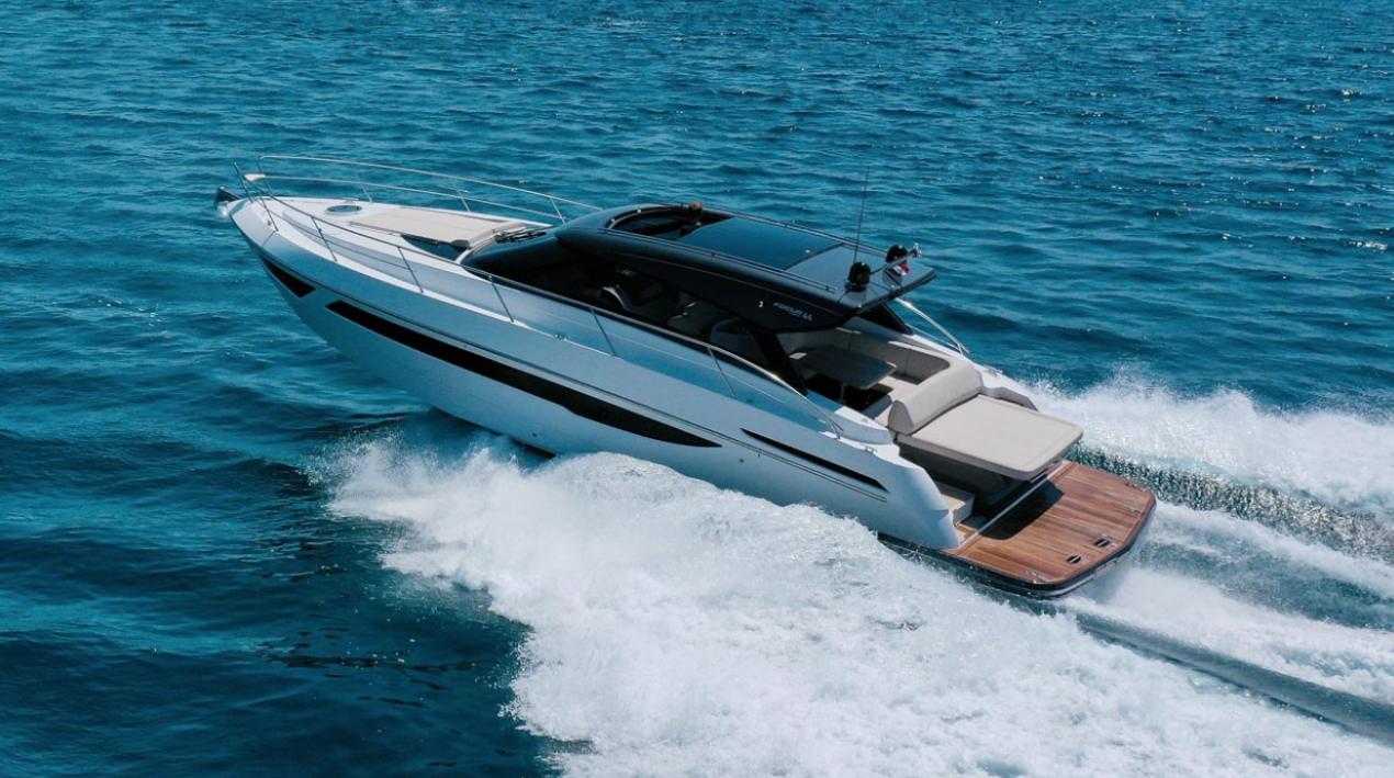 2026 Focus Power 44 yacht cruising on open sea, showcasing sleek design and luxury features.
