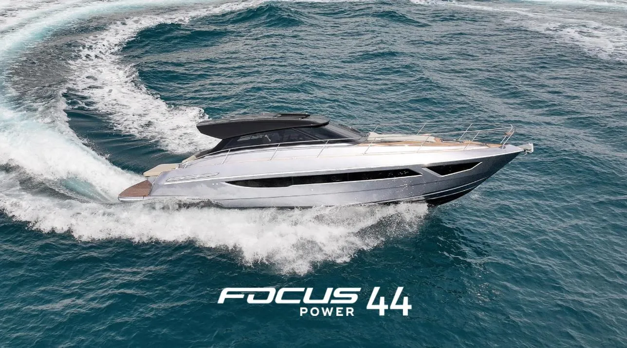 Luxury yacht Focus Power 44 cruising on open sea, 2026 model.