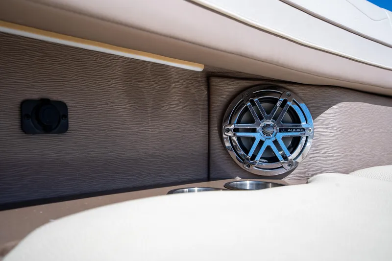 Knot Again Yacht Photos Pics 2018 Formula 350 Crossover Bowrider OB interior with JL Audio speaker detail.